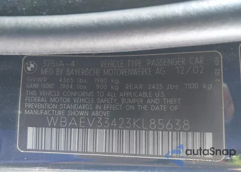 2003 BMW 325I из США, поврежденный, VIN WBAEV33423KL85638